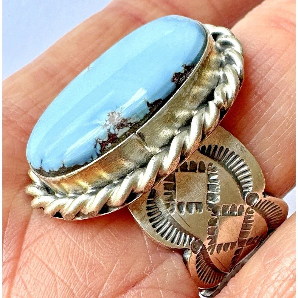 Navajo Mens Turquoise Ring Golden Hills Blue Sz 12 Signed Tillie Jon Sterling